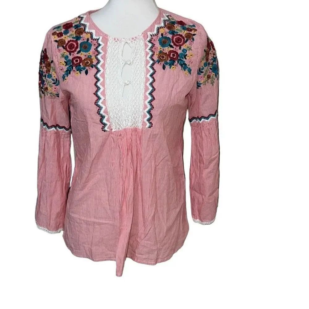 ZARA Embroidered Floral Striped Top Blouse Boho Bohemian sz